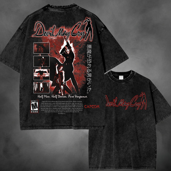 Acid-wash oversized t-shirt with Devil May Cry game graphic print.