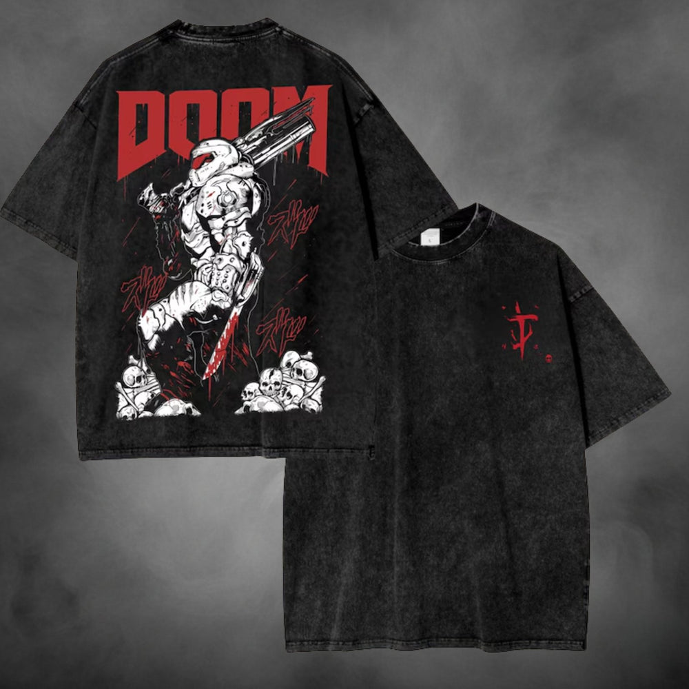 Acid-wash oversized t-shirt with Doom Slayer game graphic print.