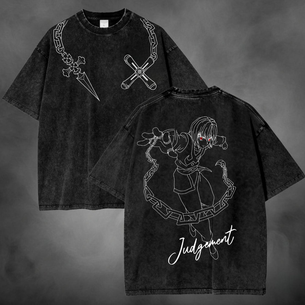 Acid-wash oversized t-shirt with Judgement anime graphic print.