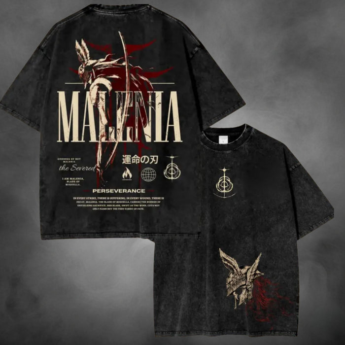 Acid-wash oversized t-shirt with Malenia Blade game graphic print.