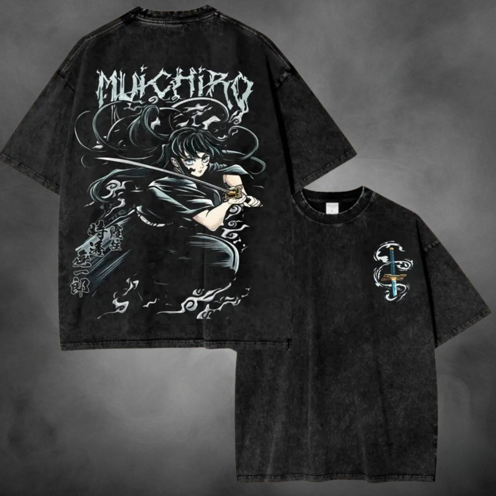 Acid-wash oversized t-shirt with Muichiro anime graphic print.