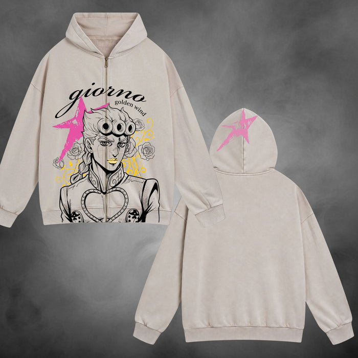 Giorno Zipup V1 in cream showing the front portrait and pink star on the hood