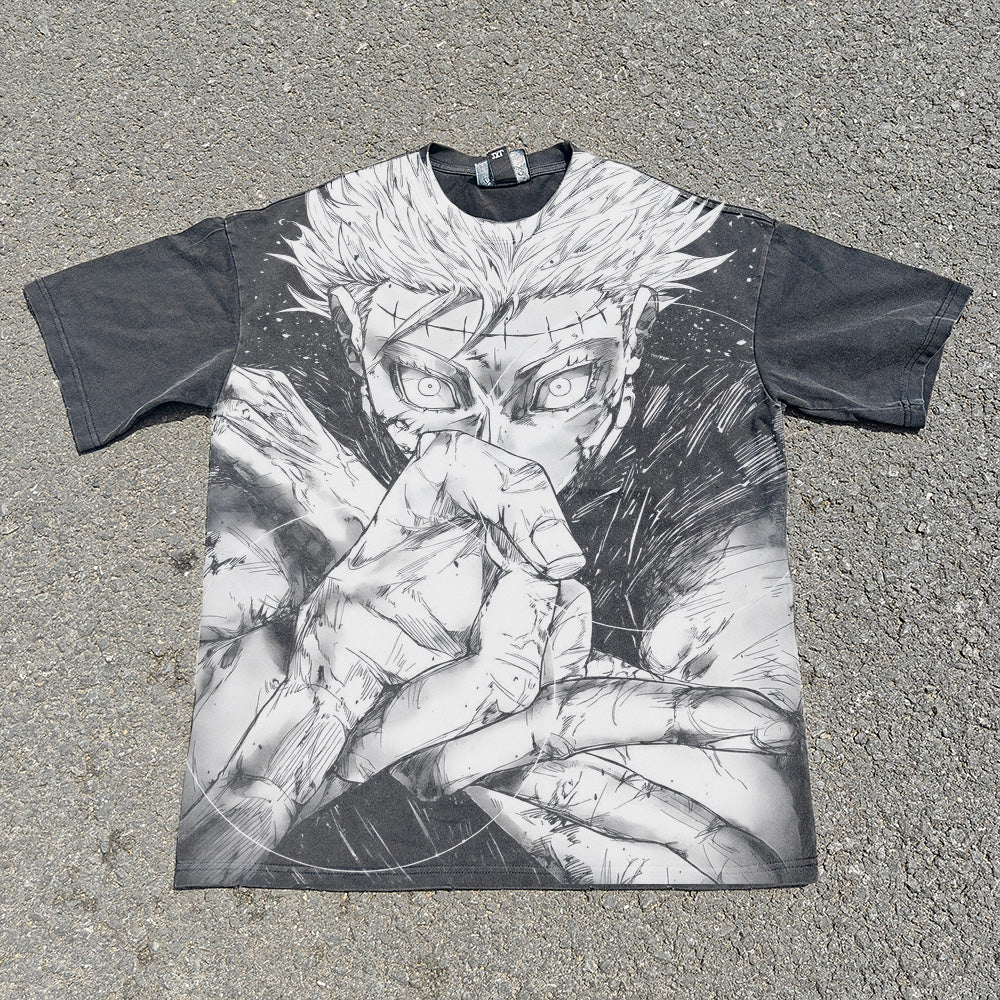 Acid-wash oversized all-over-print tee with Gojo Hollow Purple anime graphic print.