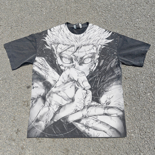 Acid-wash oversized all-over-print tee with Gojo Hollow Purple anime graphic print.