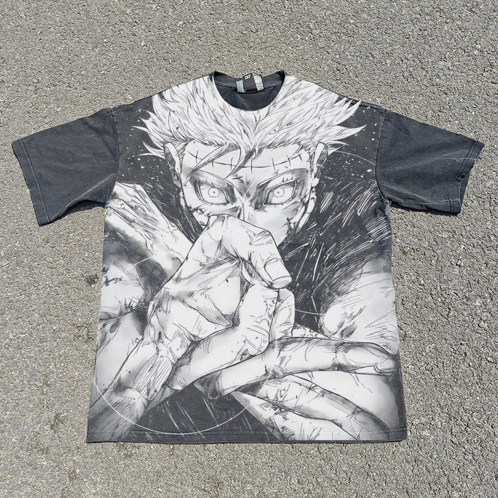 Acid-wash oversized all-over-print tee with Gojo Hollow Purple anime graphic print.