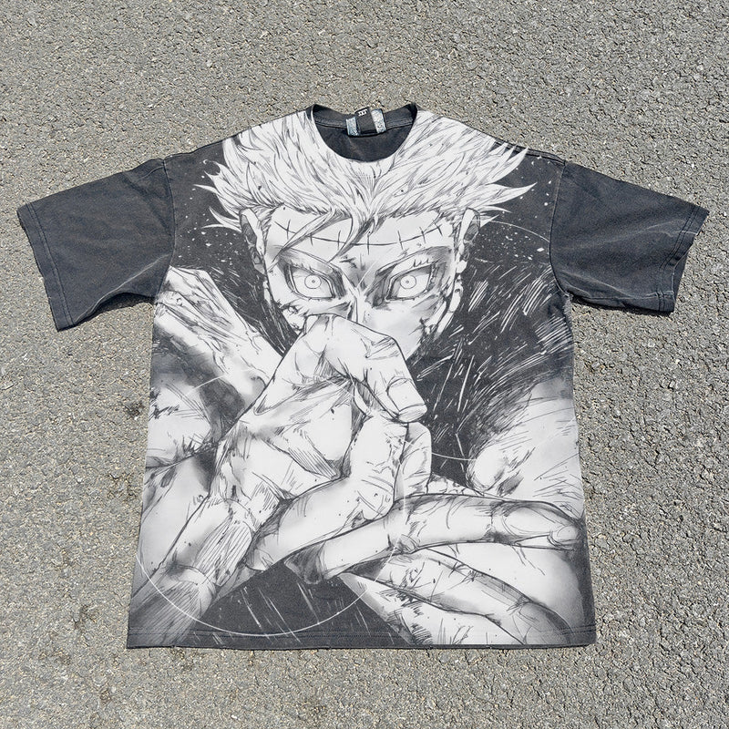 Acid-wash oversized all-over-print tee with Gojo Hollow Purple anime graphic print.
