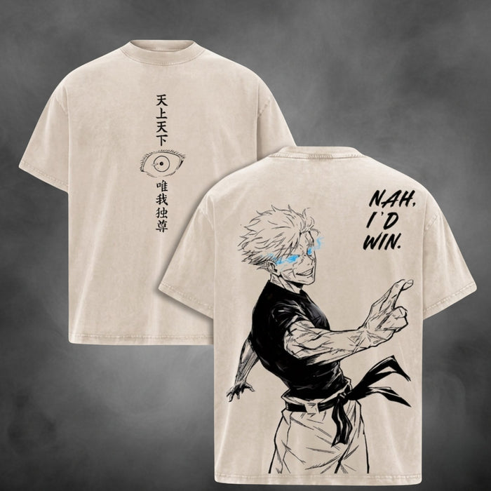 Acid-wash oversized t-shirt with Nah ID Win anime graphic print.