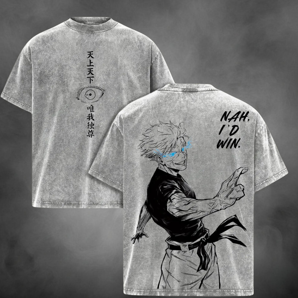 Acid-wash oversized t-shirt with Nah ID Win anime graphic print.