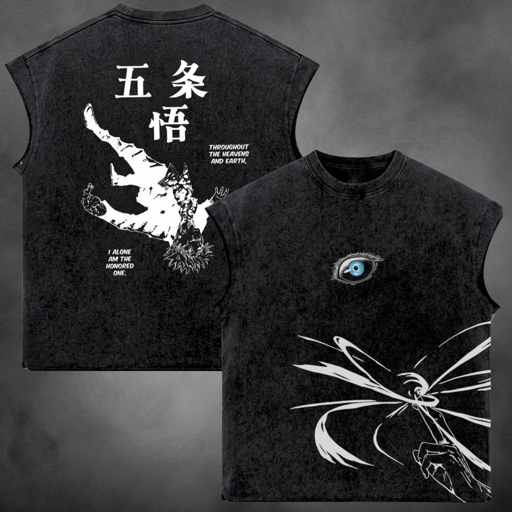 Acid-wash oversized tank with Honored One Tank anime graphic print.