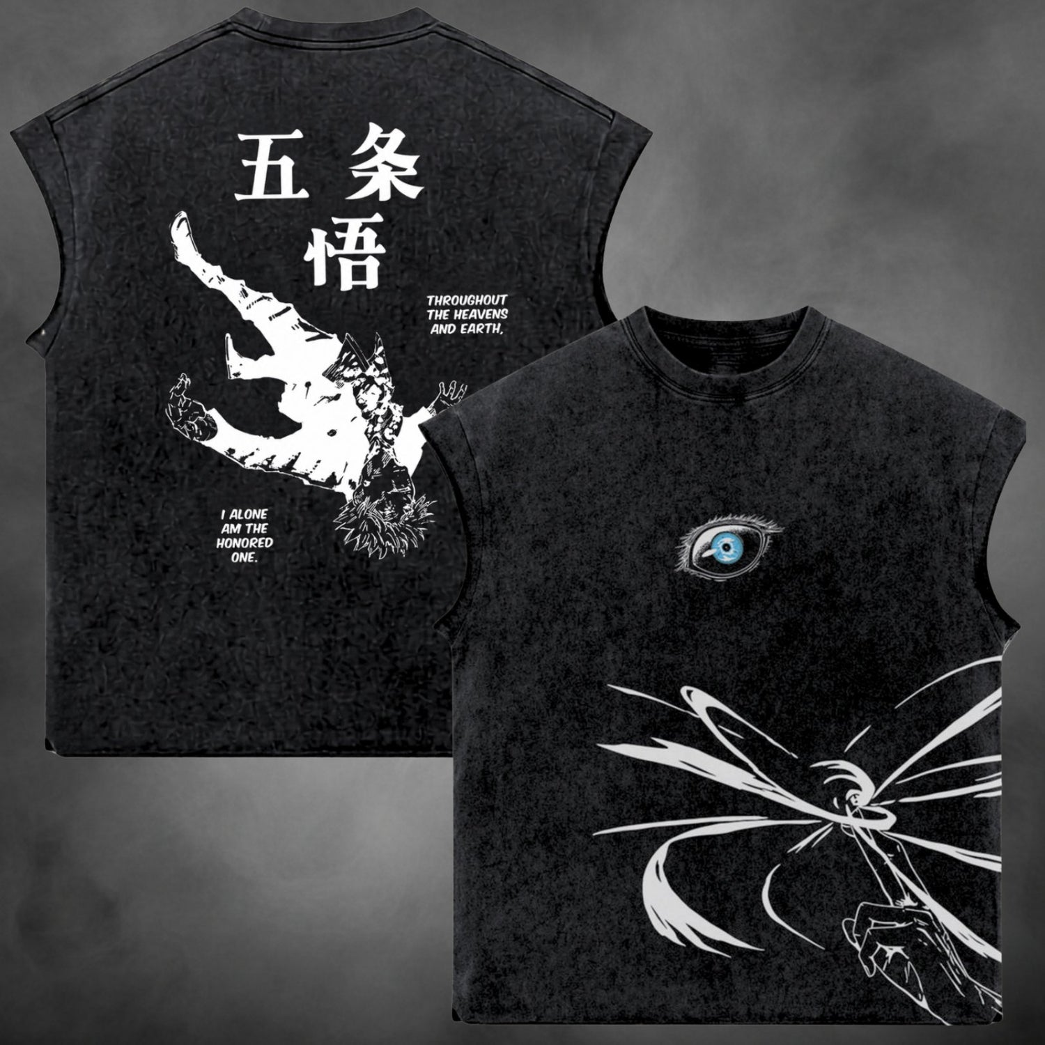 Acid-wash oversized tank with Honored One Tank anime graphic print.
