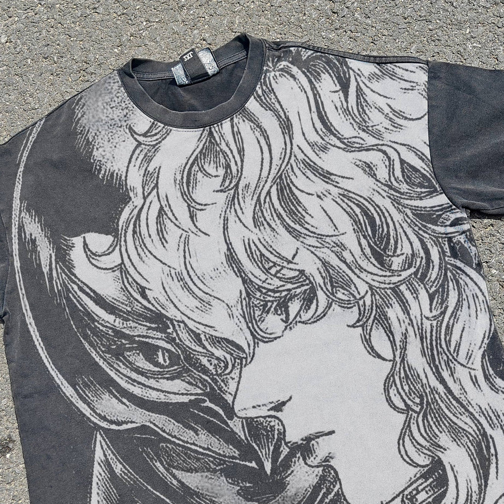 Griffith and Femto Berserk acid-wash graphic tee front. NANAKAGE