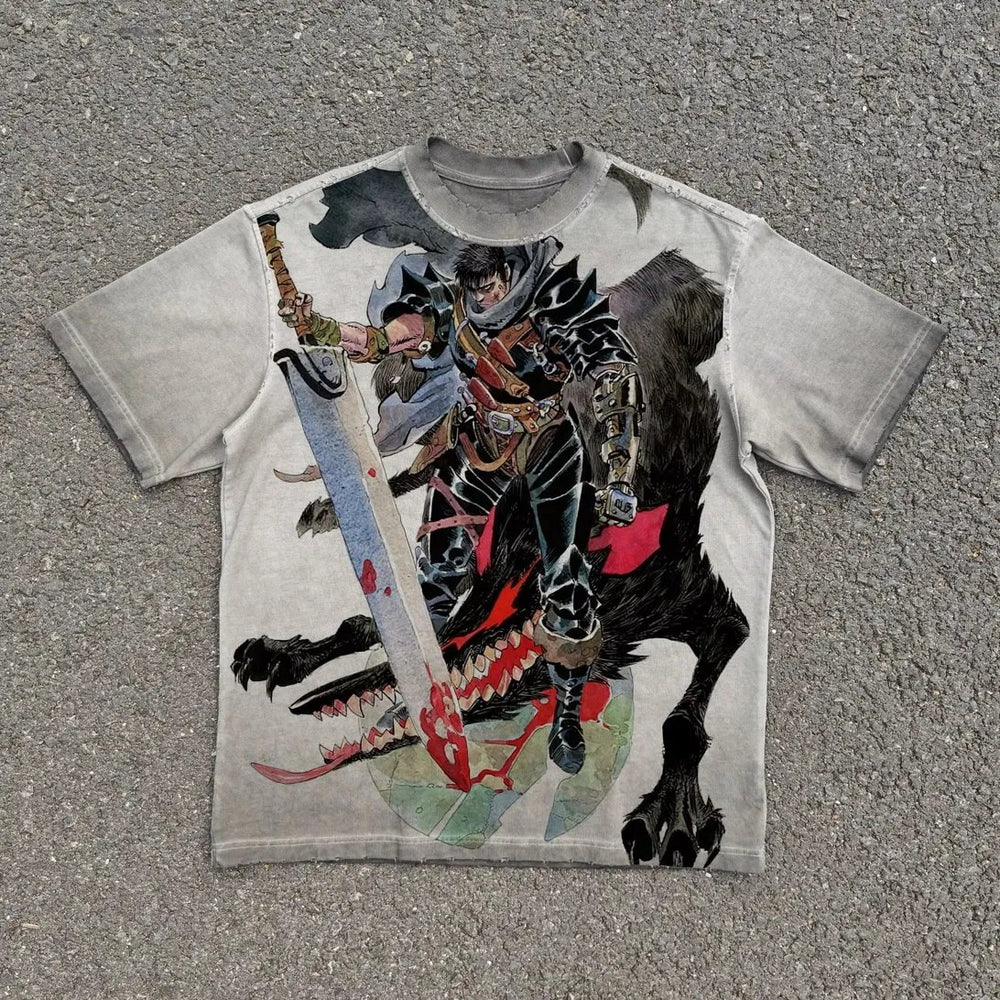 Acid-wash oversized all-over-print tee with Guts Beast of Darkness Color anime graphic print.