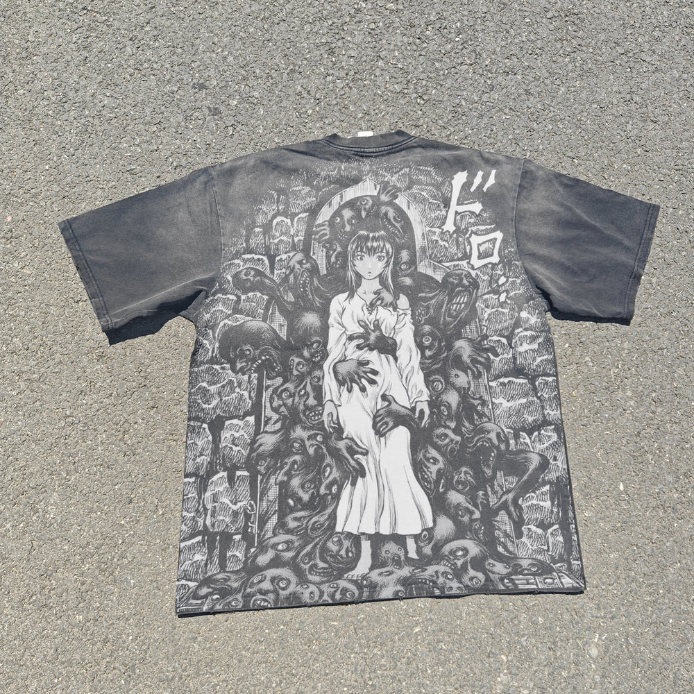 Acid-wash oversized all-over-print tee with Guts & Casca anime graphic print.