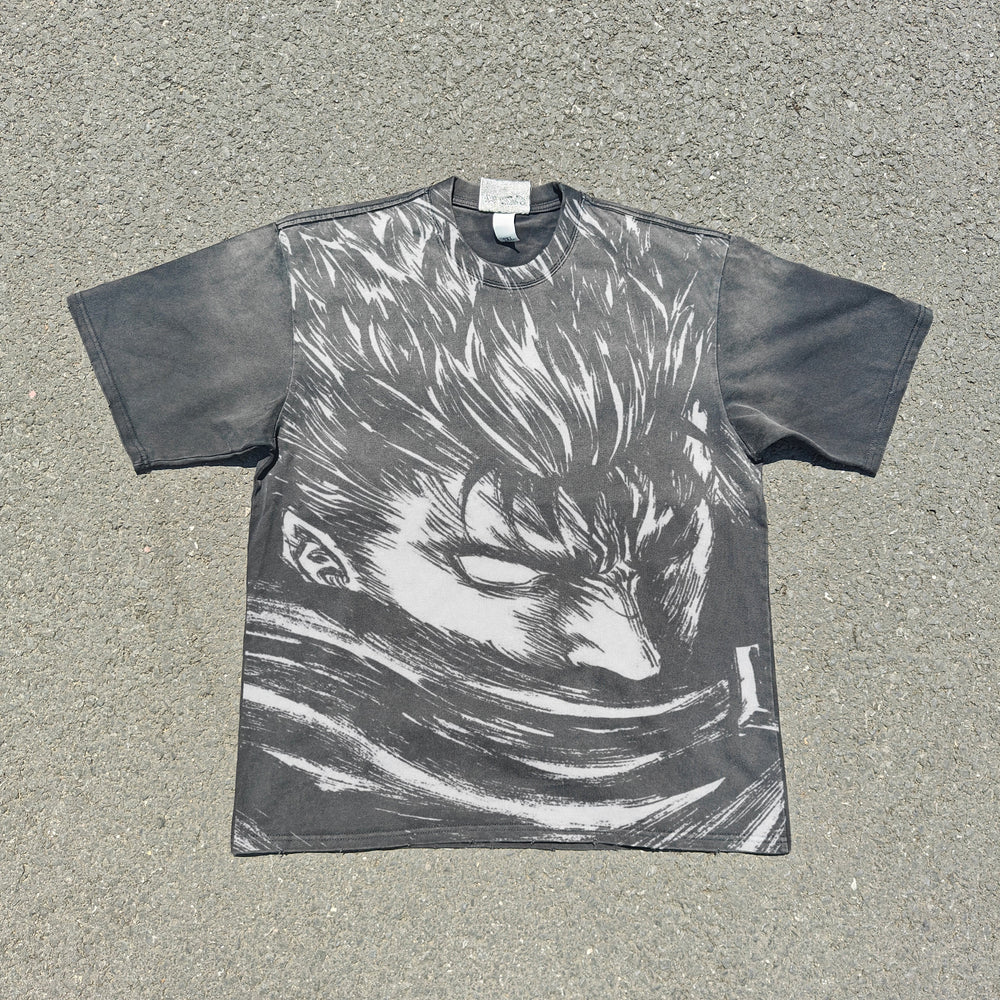 Acid-wash oversized all-over-print tee with Guts & Casca anime graphic print.