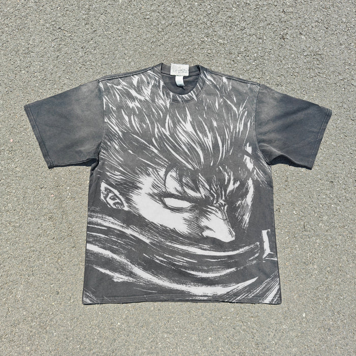 Acid-wash oversized all-over-print tee with Guts & Casca anime graphic print.
