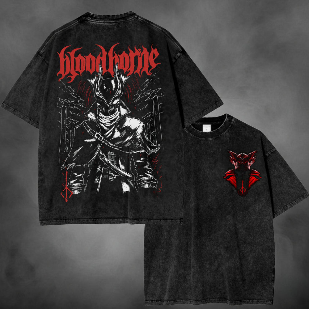 Black acid-wash oversized t-shirt with Good Hunter Bloodborne soulsborne game graphic print.