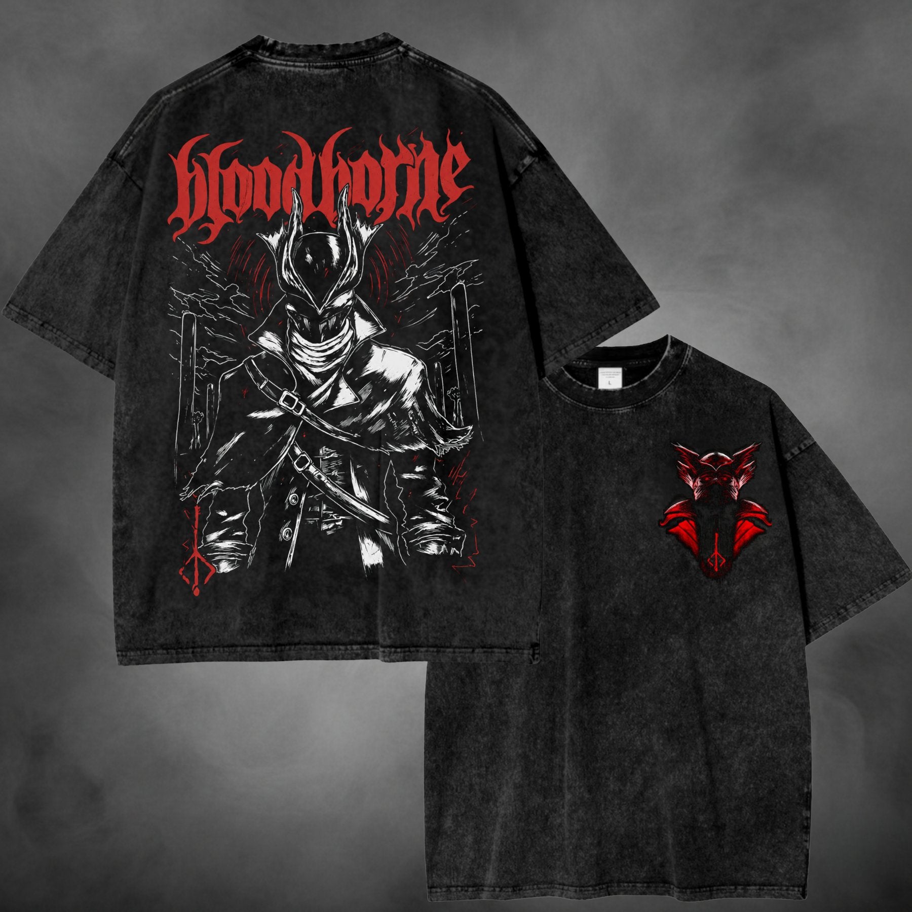 Black acid-wash oversized t-shirt with Good Hunter Bloodborne soulsborne game graphic print.