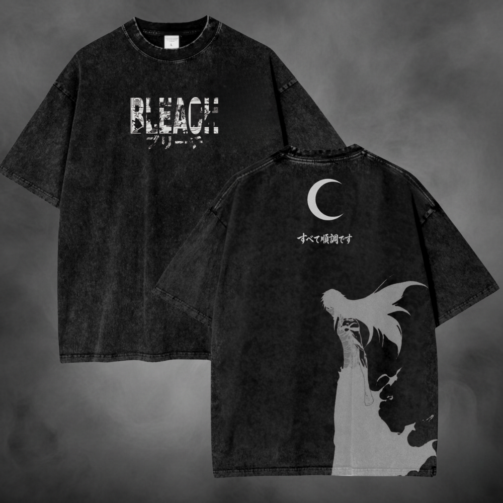 Black acid-wash oversized t-shirt with Ichigo Final Mugetsu moon silhouette back graphic.