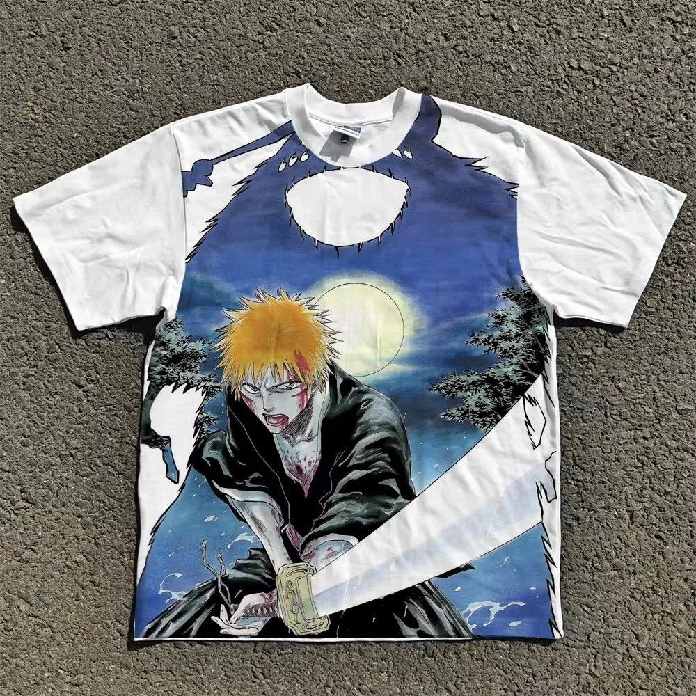 Acid-wash oversized all-over-print tee with Ichigo Moonlit Rage anime graphic print.