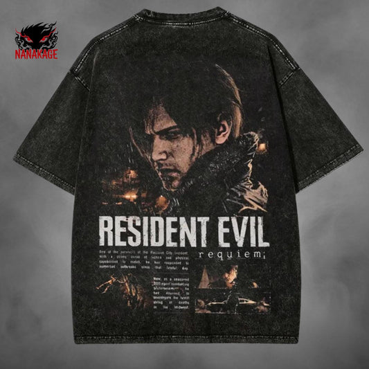 Black acid-wash oversized t-shirt with Leon Kennedy survival horror game graphic print.