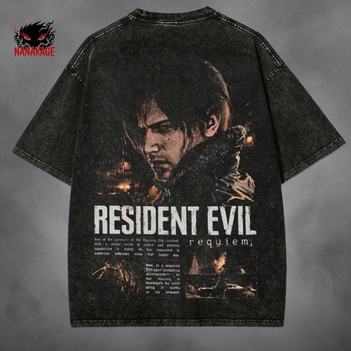 Black acid-wash oversized t-shirt with Leon Kennedy survival horror game graphic print.