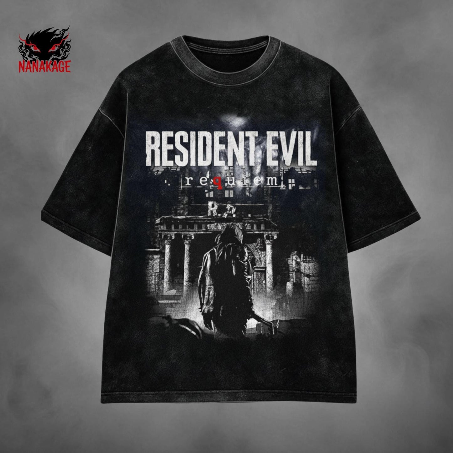Black acid-wash oversized t-shirt with Leon Kennedy survival horror game graphic print.