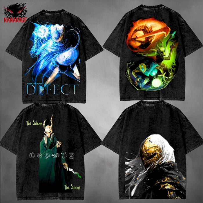 Black acid-wash oversized t-shirt with Slay The Spire indie game graphic print.