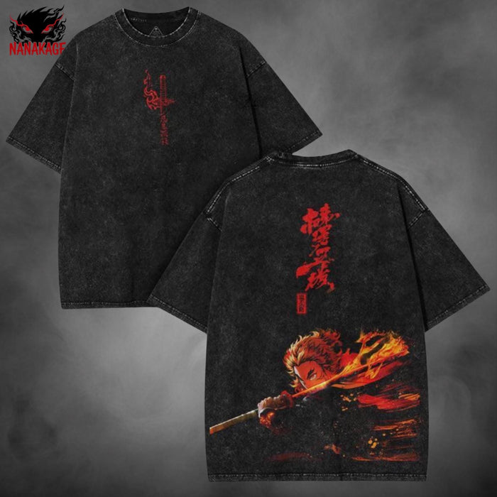 Black acid-wash oversized t-shirt with Flame Hashira anime graphic print.