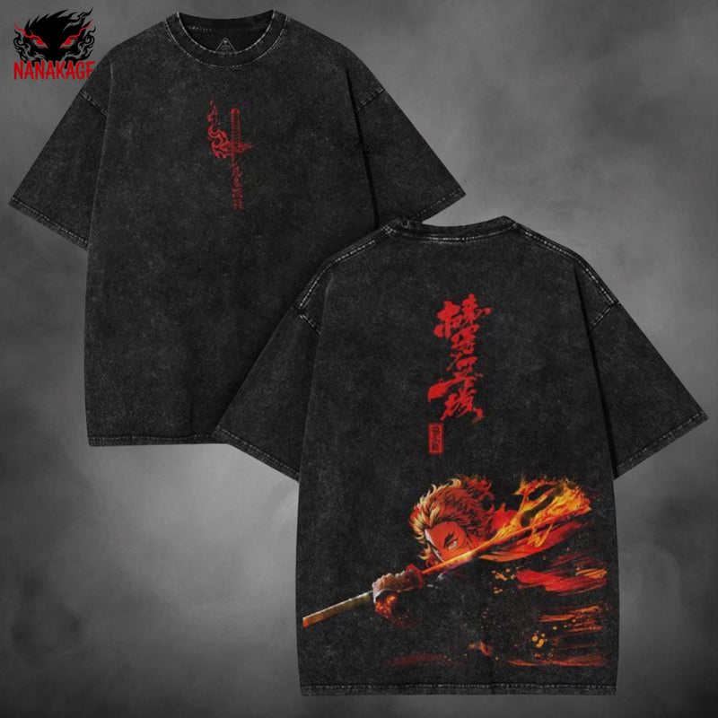 Black acid-wash oversized t-shirt with Flame Hashira anime graphic print.