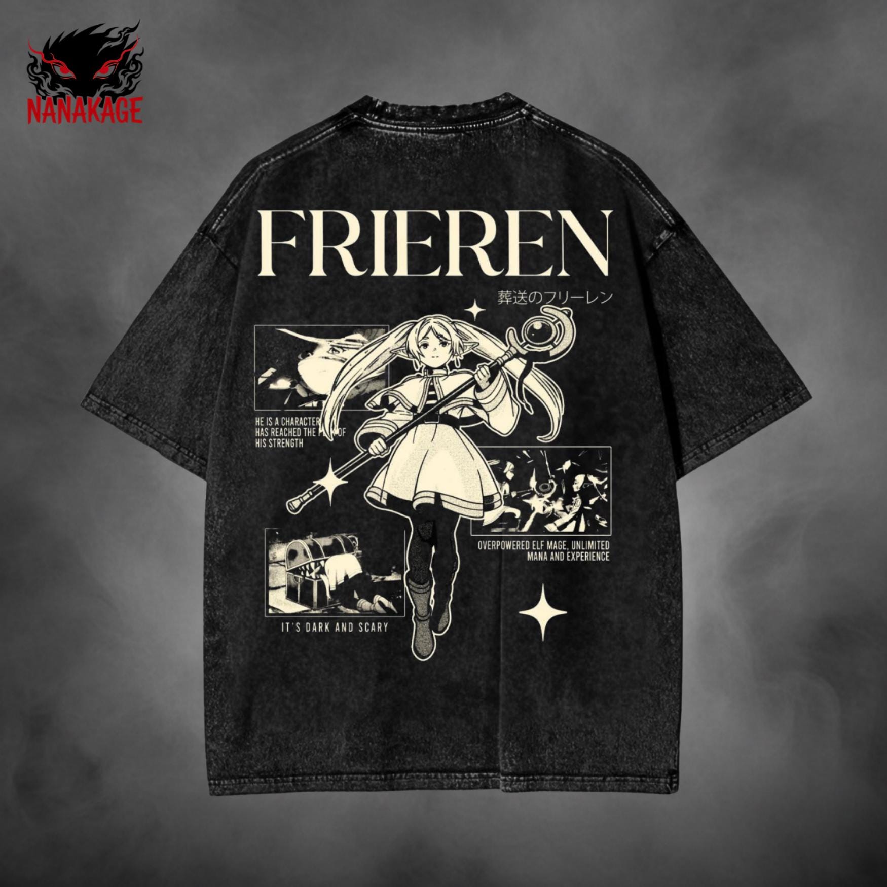 Black acid-wash oversized t-shirt with Frieren anime graphic print.
