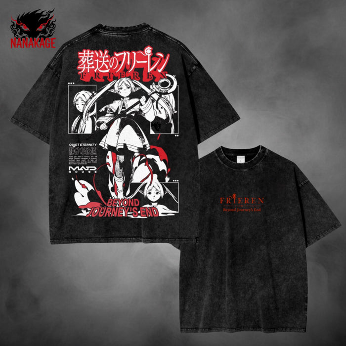 Black acid-wash oversized t-shirt with Frieren anime graphic print.