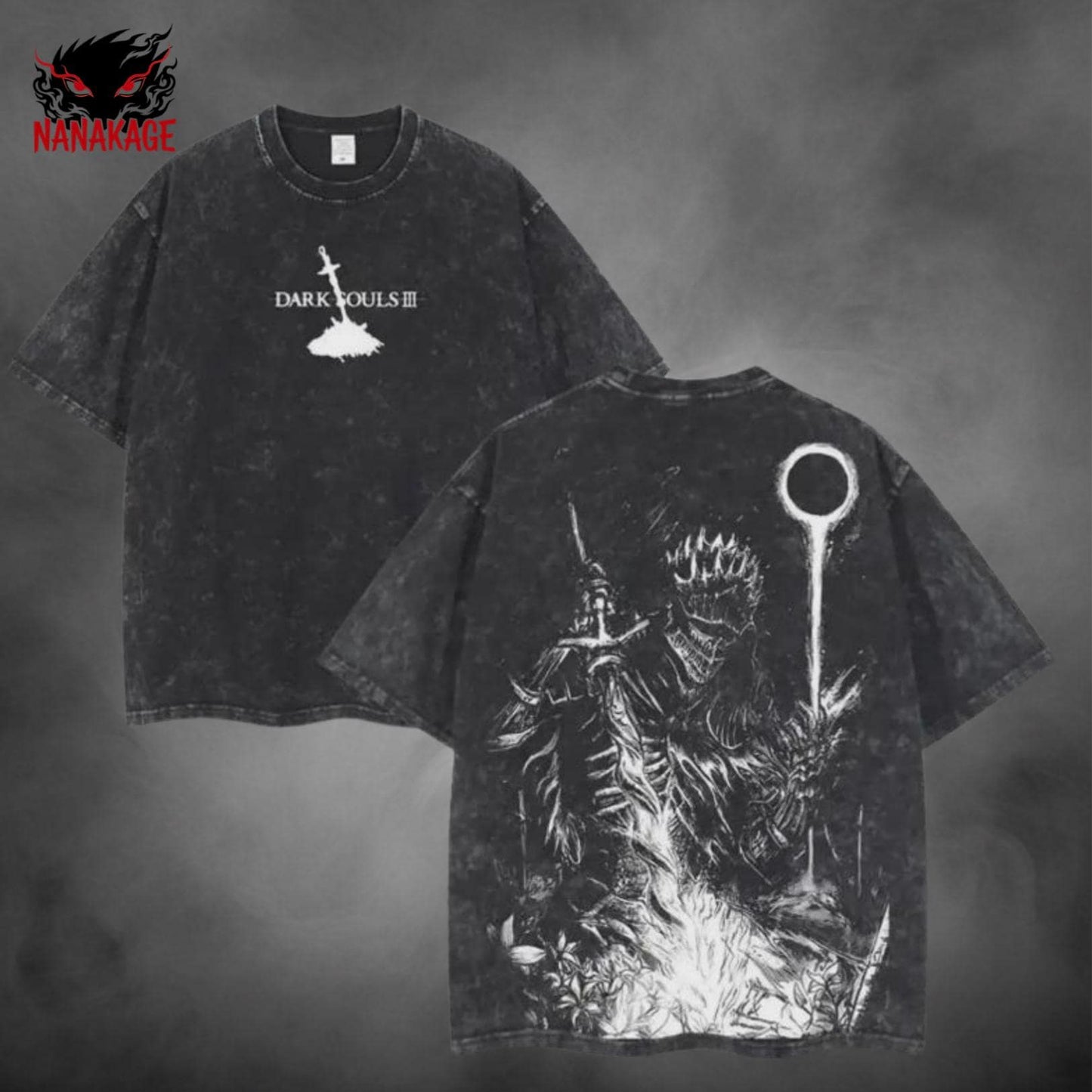 Gray acid-wash oversized t-shirt with Soulsborne video game graphic print.