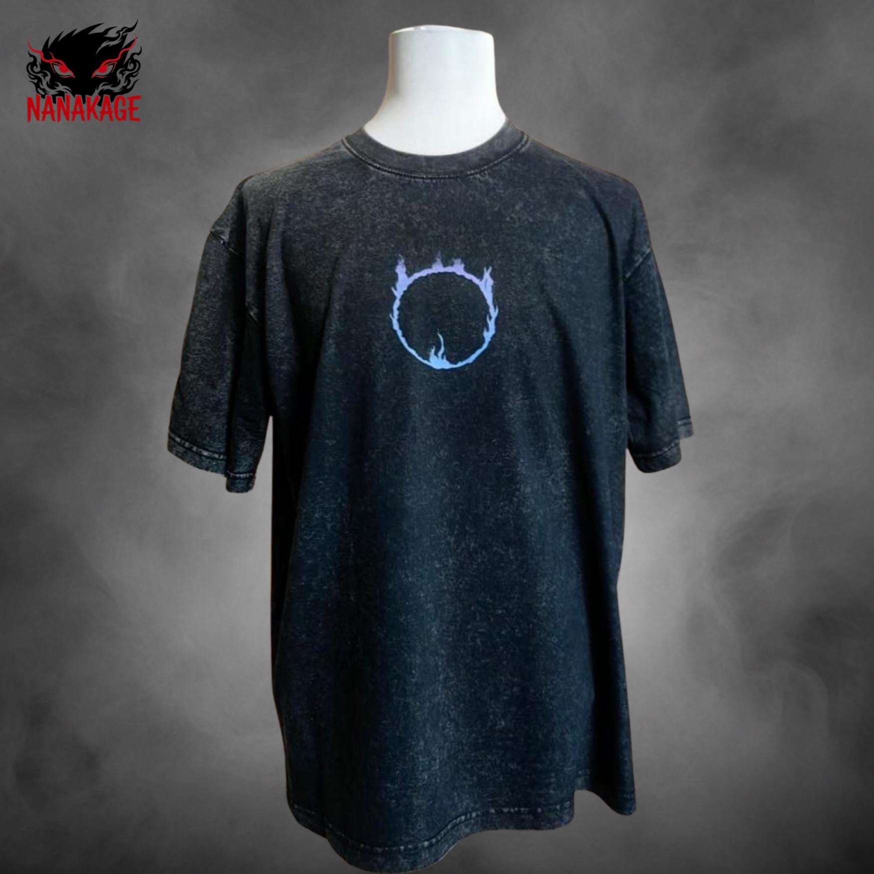 Black acid-wash oversized t-shirt with Soulsborne video game graphic print.