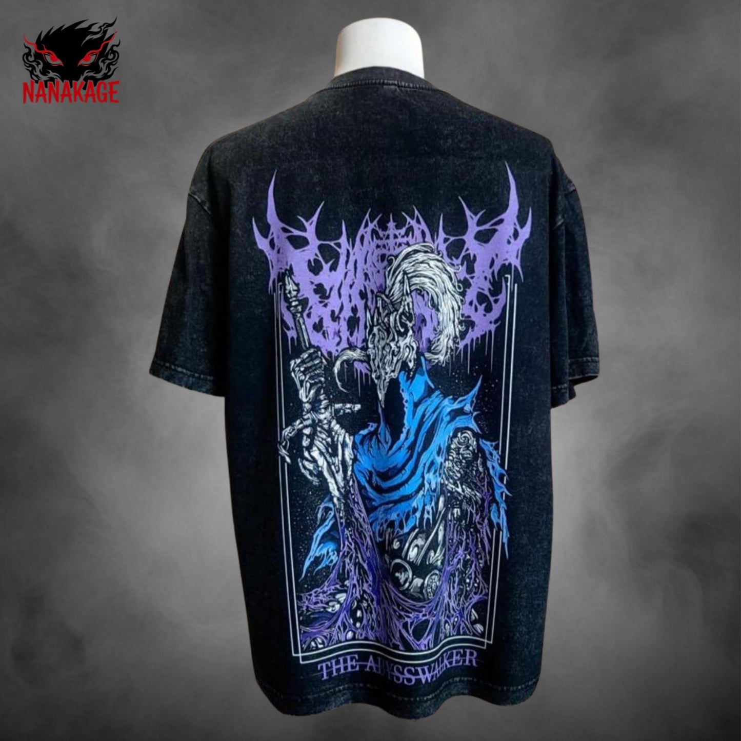 Black acid-wash oversized t-shirt with Soulsborne video game graphic print.