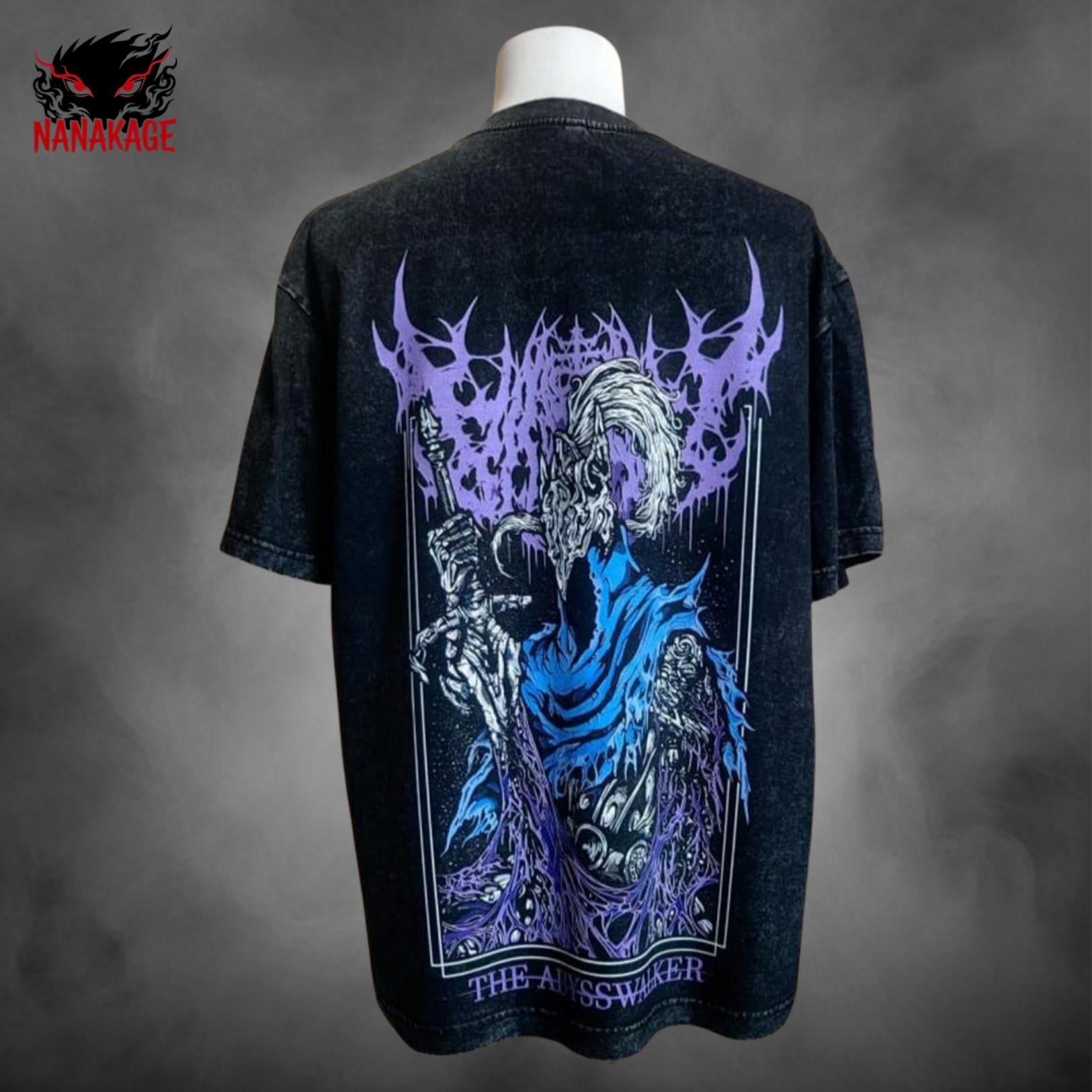 Black acid-wash oversized t-shirt with Soulsborne video game graphic print.