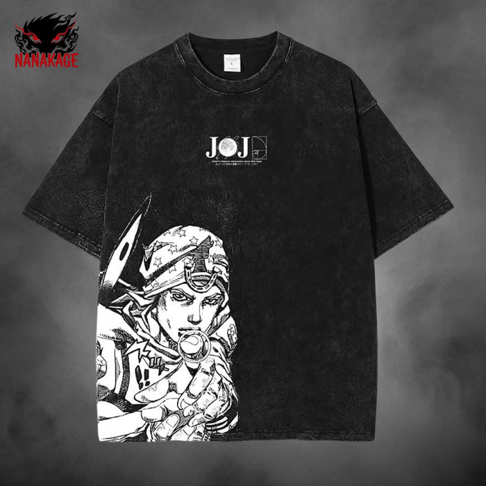 Black acid-wash oversized t-shirt with Jonnny SBR streetwear graphic print.
