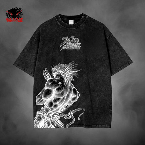 Black acid-wash oversized t-shirt with Steel Ball Run anime graphic print.
