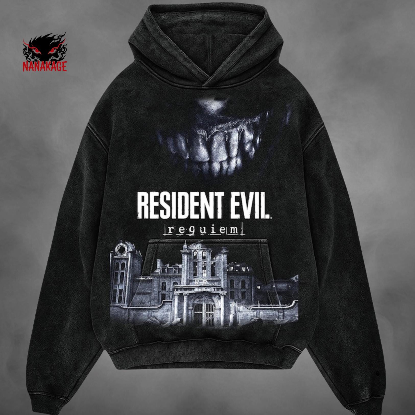 Acid-wash oversized pullover hoodie with Requiem anime graphic print.