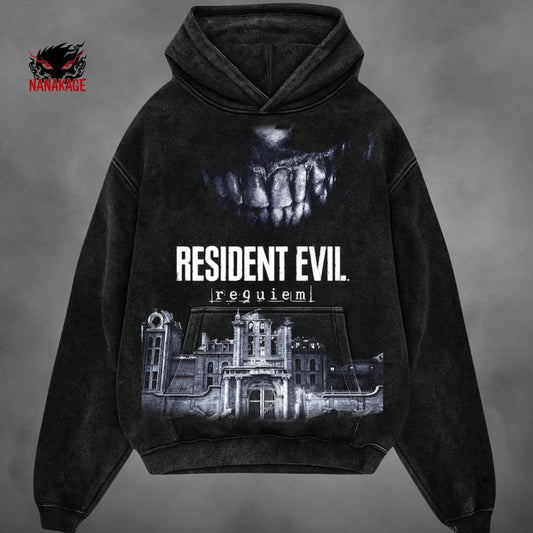 Acid-wash oversized pullover hoodie with Requiem anime graphic print.