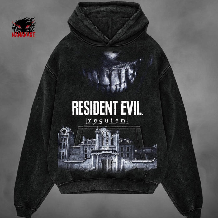 Acid-wash oversized pullover hoodie with Requiem anime graphic print.