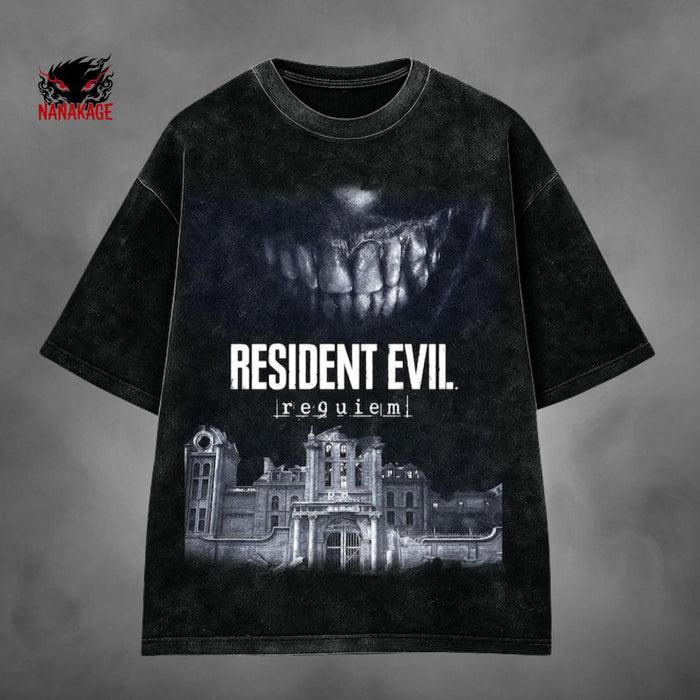 Acid-wash oversized pullover hoodie with Requiem anime graphic print.