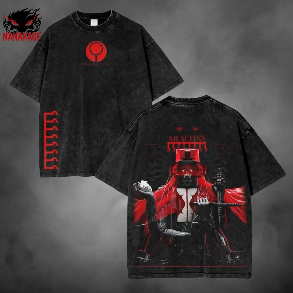 Black acid-wash oversized t-shirt with Marathon Arachne video game graphic print.