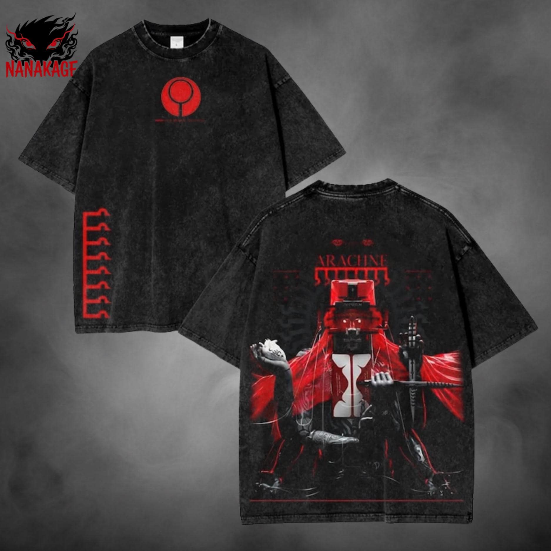 Black acid-wash oversized t-shirt with Marathon Arachne video game graphic print.