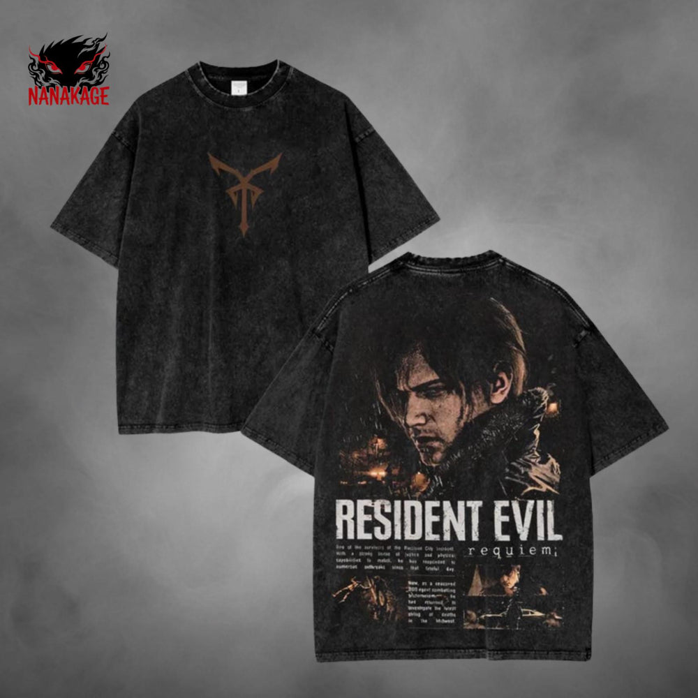 Gray acid-wash oversized t-shirt with Leon Kennedy survival horror game graphic print.