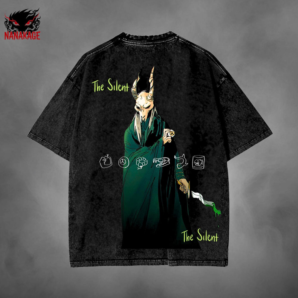 Black acid-wash oversized t-shirt with Slay The Spire indie game graphic print.