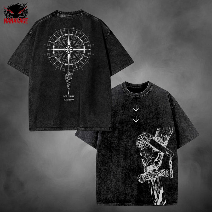 Black acid-wash oversized t-shirt with No Enemies anime graphic print.