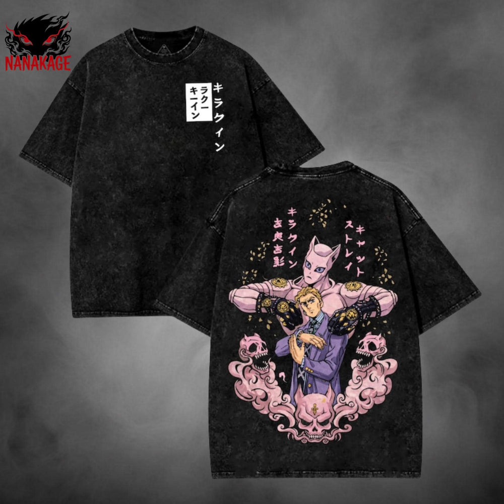 Blue acid-wash oversized t-shirt with Kira anime graphic print.