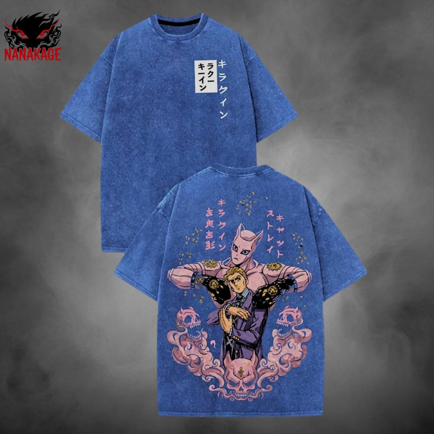 White acid-wash oversized t-shirt with Kira anime graphic print.