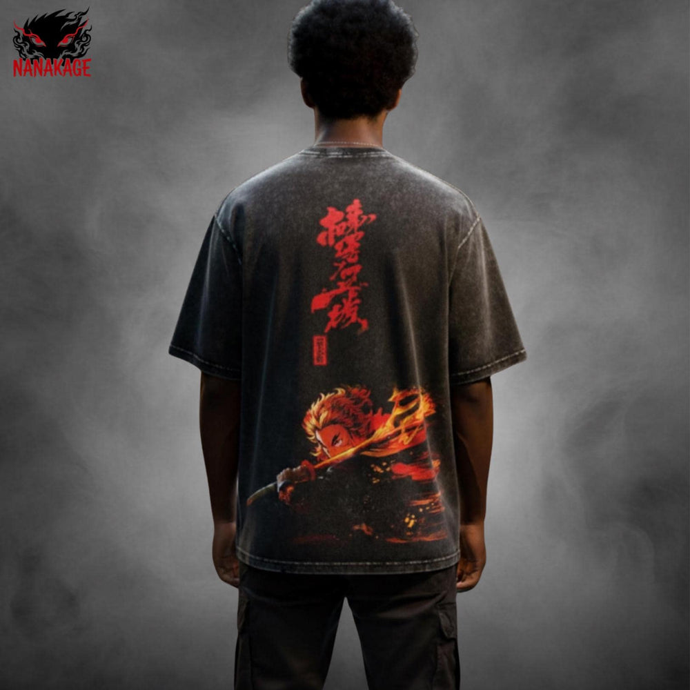 Gray acid-wash oversized t-shirt with Flame Hashira anime graphic print.