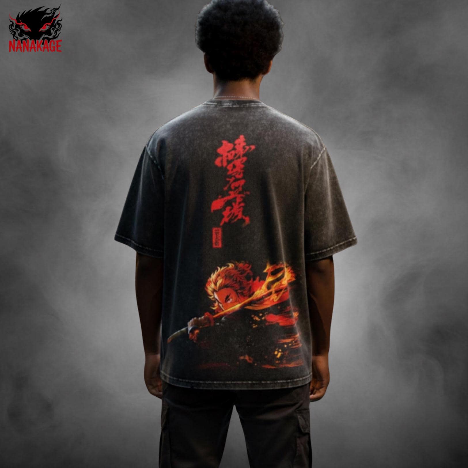 Gray acid-wash oversized t-shirt with Flame Hashira anime graphic print.